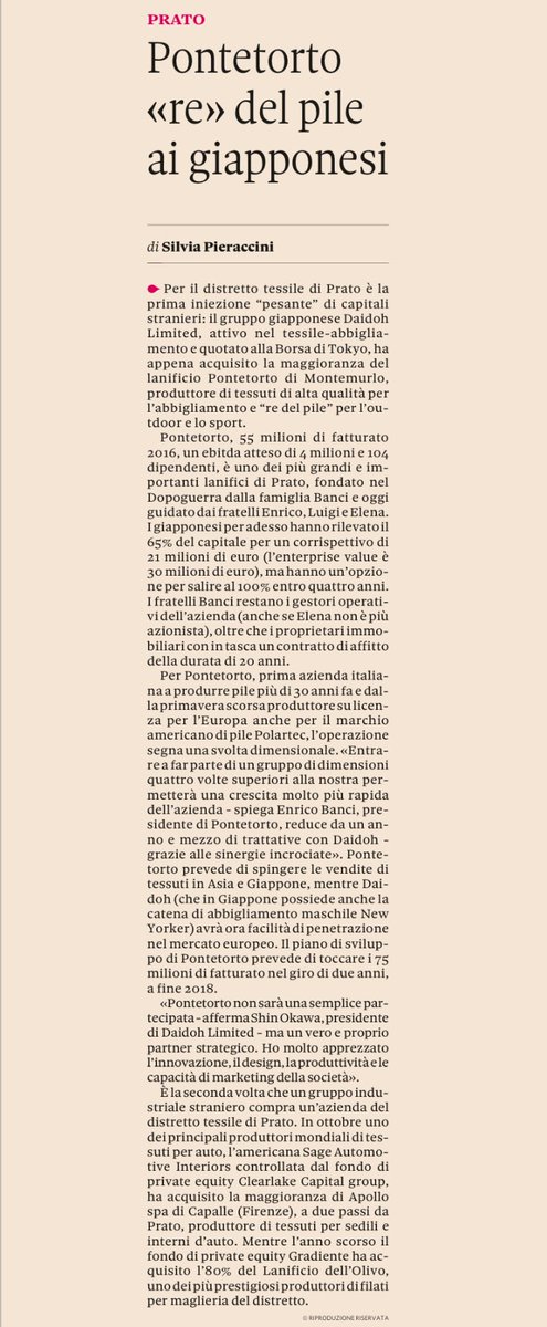 Prato <a href="/pontetorto/">yusuke takagi</a> passa in mani giapponesi. #lanificio #textile #pile #fashion. 55 mln di fatturato 4 mln di #ebitda.