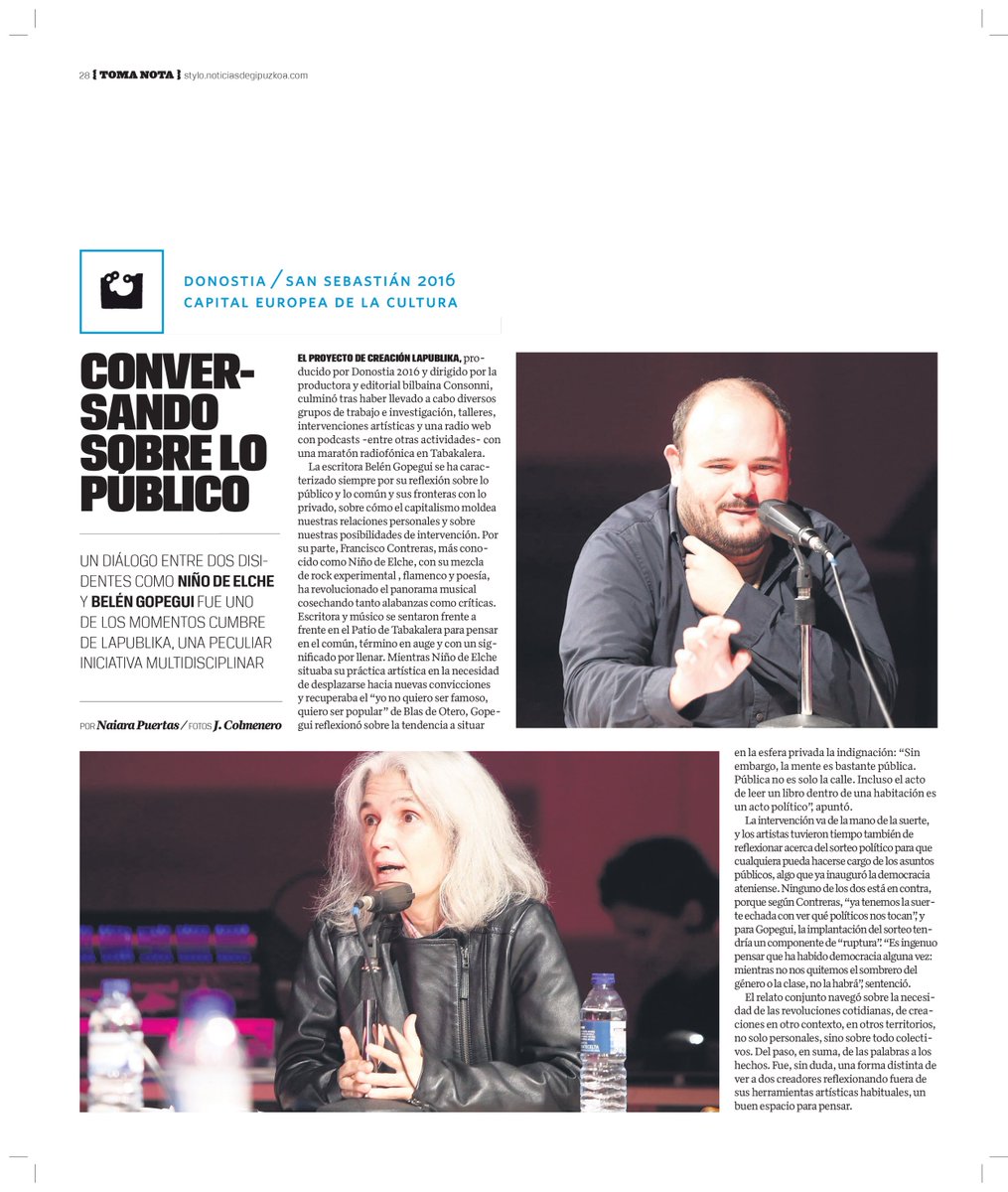 LaPublika's tweet photo. "CONVERSANDO SOBRE LO PÚBLICO" entre @NinodeElche y Belén Gopegui. Por Naiara Puertas en @stylondg: https://t.co/dFp7TYup3O #lapublika https://t.co/fQwuVC2ohw