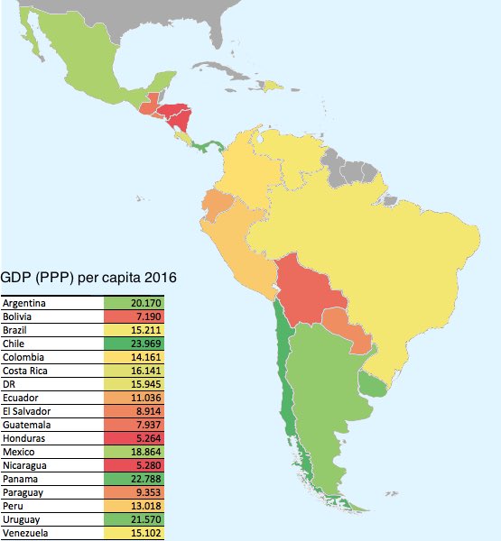 地図フリーク 中南米各国の1人当たりgdp T Co Jvploeeqsg 新興国の雄ブラジルは以外と低い 人口2億人で 恩恵にあずからない層も多いのか 高いのは メキシコ Usの下請け工場が多い 南米最南端の3カ国 主に温帯 白人の率が高い