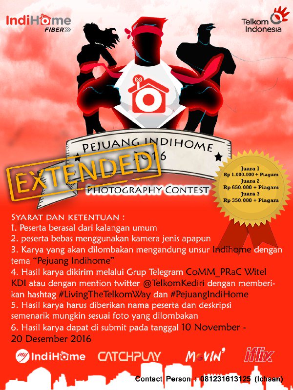 TelkomKediri's tweet photo. Kabar gembira untuk Telkomers Kediri! Lomba Pejuang IndiHome diperpanjang sampai 20 November 2016! Yuk jangan lupa submit karyamu :) https://t.co/oTfMj5ZFMJ
