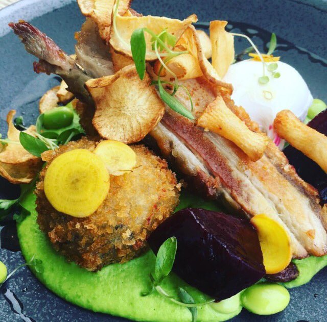ChefHarks's tweet image. Slow roasted pork, Ham hock croquette, beets, artichoke crisps &amp;amp; pea purée.