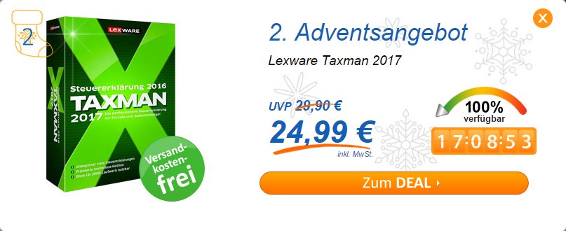 comp_universe's tweet image. Adventskalender: Tipps wie vom Fachmann mit der #Steuersoftware #Lexware Taxmann 2017 zum Adventskalender-Preis ow.ly/vGlt306F0xP