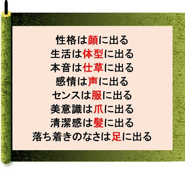 ためになる 名言 性格は 顔 に出る 生活は 体型 に出る 本音は 仕草 に出る 感情は 声 に出る センスは 服 に 出る 美意識は 爪 に出る 清潔感は 髪 に出る 落ち着きのなさは 足 に出る ためになる 名言 性格は 顔 に出る 生活は 体型 に出る 本音は 仕草 に出る 感情は 声 に出る センスは 服 に 出る 美意識は 爪 に出る 清潔感は 髪 に出る 落ち着きのなさは 足 に出る