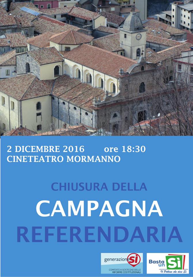 Amici buongiorno. Vi ricordo l'appuntamento alle ore 18:30 presso il Cineteatro di #Mormanno.
Qui si fa la storia! #IoVotoSì #BastaUnSì