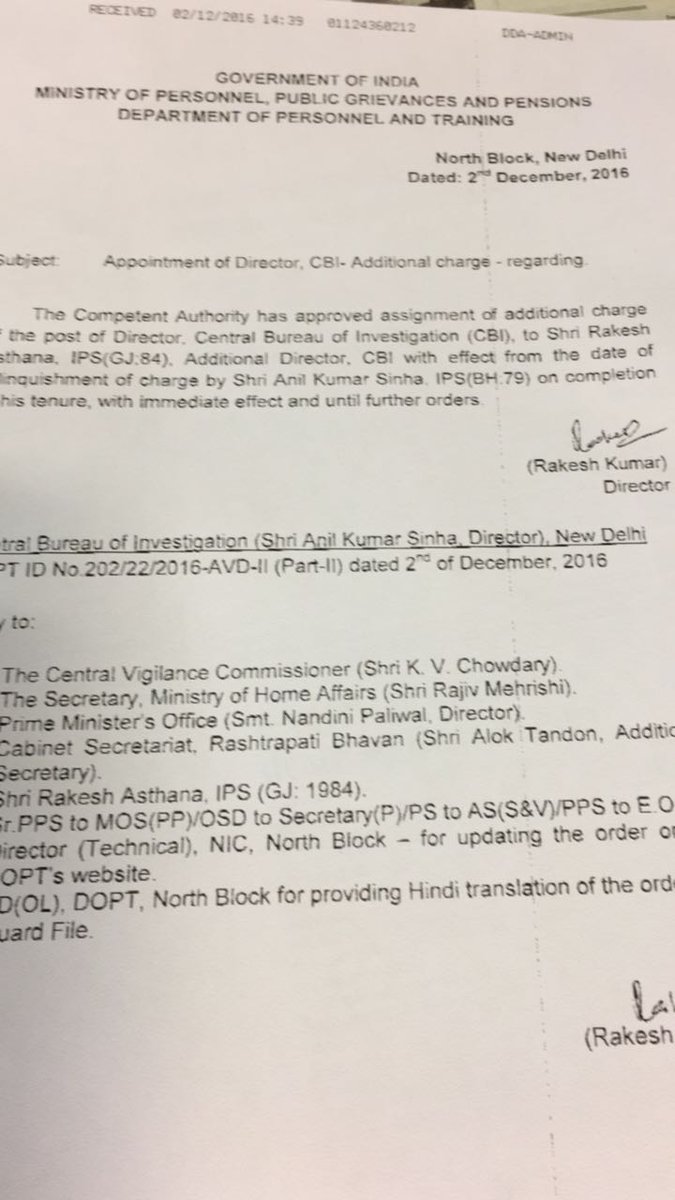 rajansi45's tweet photo. 84 batch Gujarat Cadre IPS Rakesh Asthana to be officiating CBI director, will take charge from Anil Sinha at 5 PM. https://t.co/Agz0aWQsjt