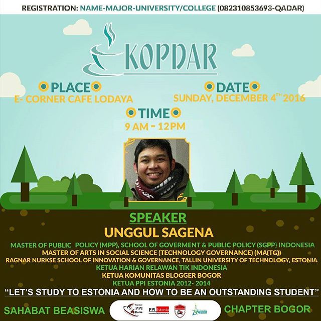 PPIEstonia's tweet photo. Open 4 public, We welcome you to our sharing session about @studyinestonia at e-corner kafe, Bogor, Sunday 4 dec 9-12am, @unggulcenter https://t.co/ykUqffIFQZ