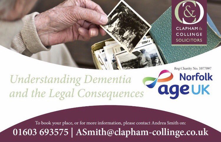 ageuknorfolk's tweet photo. Dec 7 @ageuknorfolk  &amp; @ClaphamandC will be hosting a 'Dementia &amp; The Legal Consequences' seminar at Sheringham Golf Club to book see poster https://t.co/D6rsw6f40X