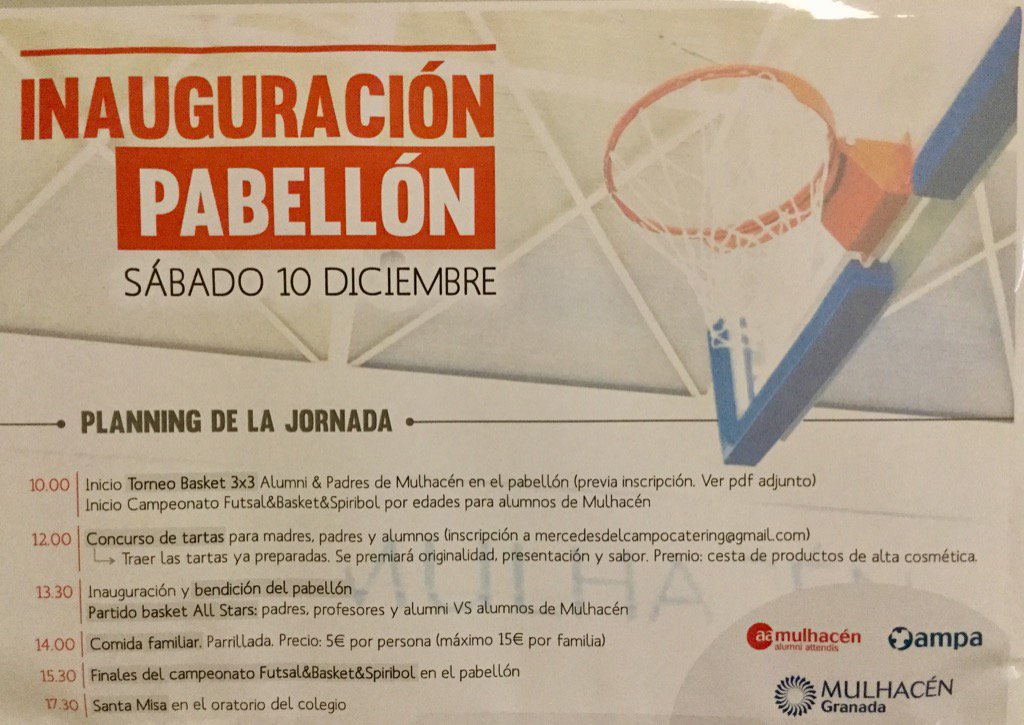 El sábado 10 de Diciembre tendrá lugar la fiesta-inauguración de nuestro nuevo pabellón deportivo.¡Estáis invitados!