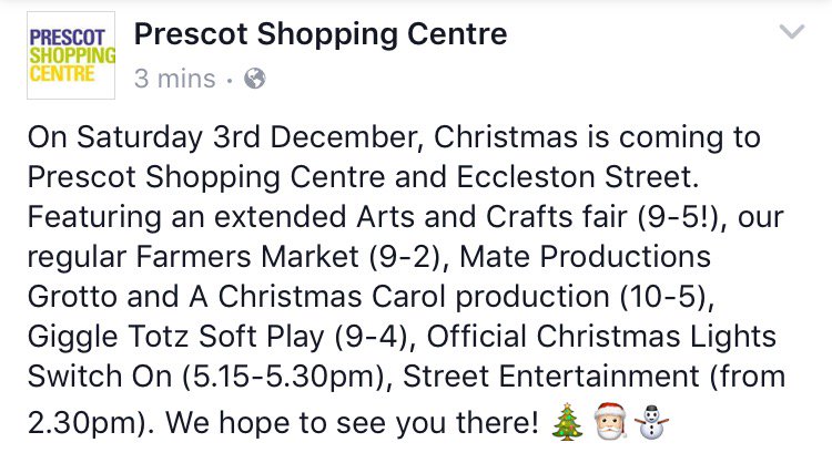 On Saturday 3rd December, Christmas is coming to Prescot Shopping Centre  and Eccleston Street! #Christmas #Prescot #LovePrescot