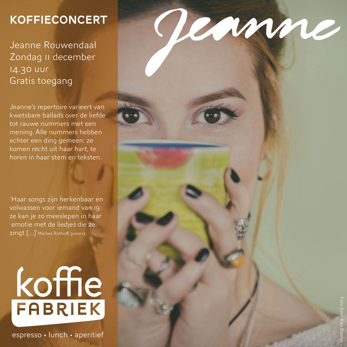 Kom zondag 11 december genieten van het #koffiefconcert van Jeanne!