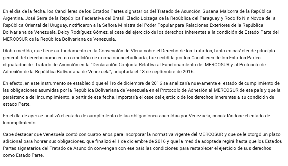 #Venezuela 🇻🇪 | Cese del ejercicio de los derechos inherentes a la condición de Estado Parte del #MERCOSUR