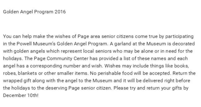 MistressAunt's tweet photo. Golden Angel Program 2016 You can help make the wishes of Page area senior citizens come true by participating in.. https://t.co/3d5EVcH40V