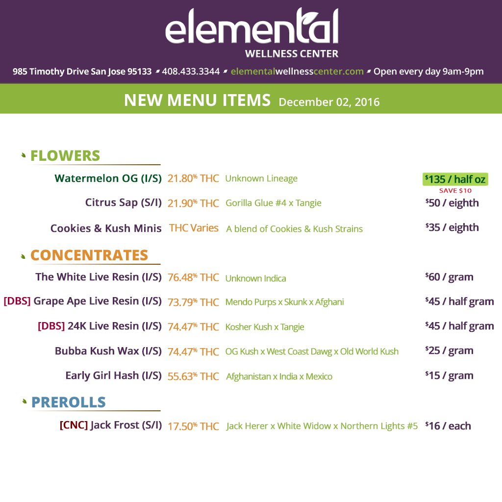 Elemental2009's tweet photo. MENU UPDATE >> #WatermelonOG rolls onto the menu 🍉 + #TheWhite #LiveResin in @ 76% #THC  #elementalupdate https://t.co/0RGj3NRTNW