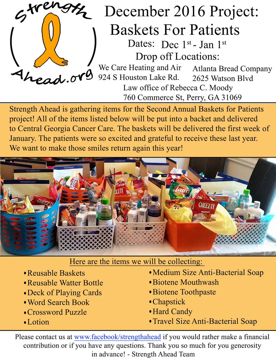 strengthahead's tweet image. It's one of our favorite projects of the year! Comfort baskets for chemo patients central GA cancer care (Warner Robins). #strengthahead