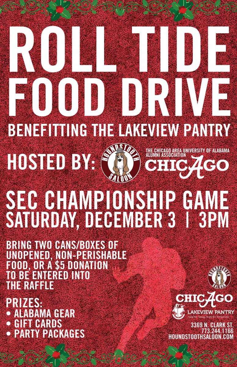 HoundstoothChi's tweet photo. @HoundstoothChi &amp; the Chicago Area University of Alabama Alumni Association host food drive to benefit @LakeviewPantry tomorrow! #RollTide https://t.co/gzn737CBiF