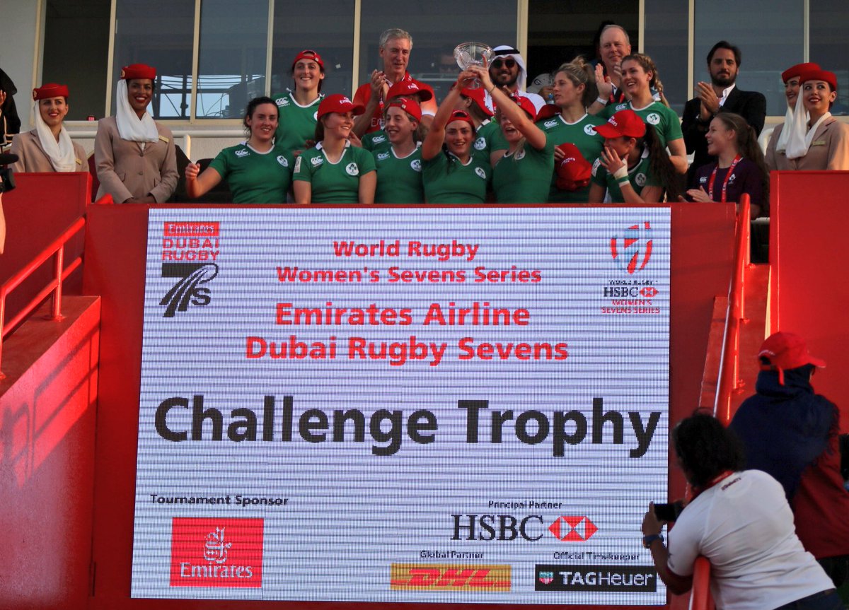IrishRugby's tweet photo. Ireland Women's Sevens get the job done! They beat Spain 14-12 to claim the Challenge Trophy at the #Dubai7s https://t.co/8DN9YW1MfR
