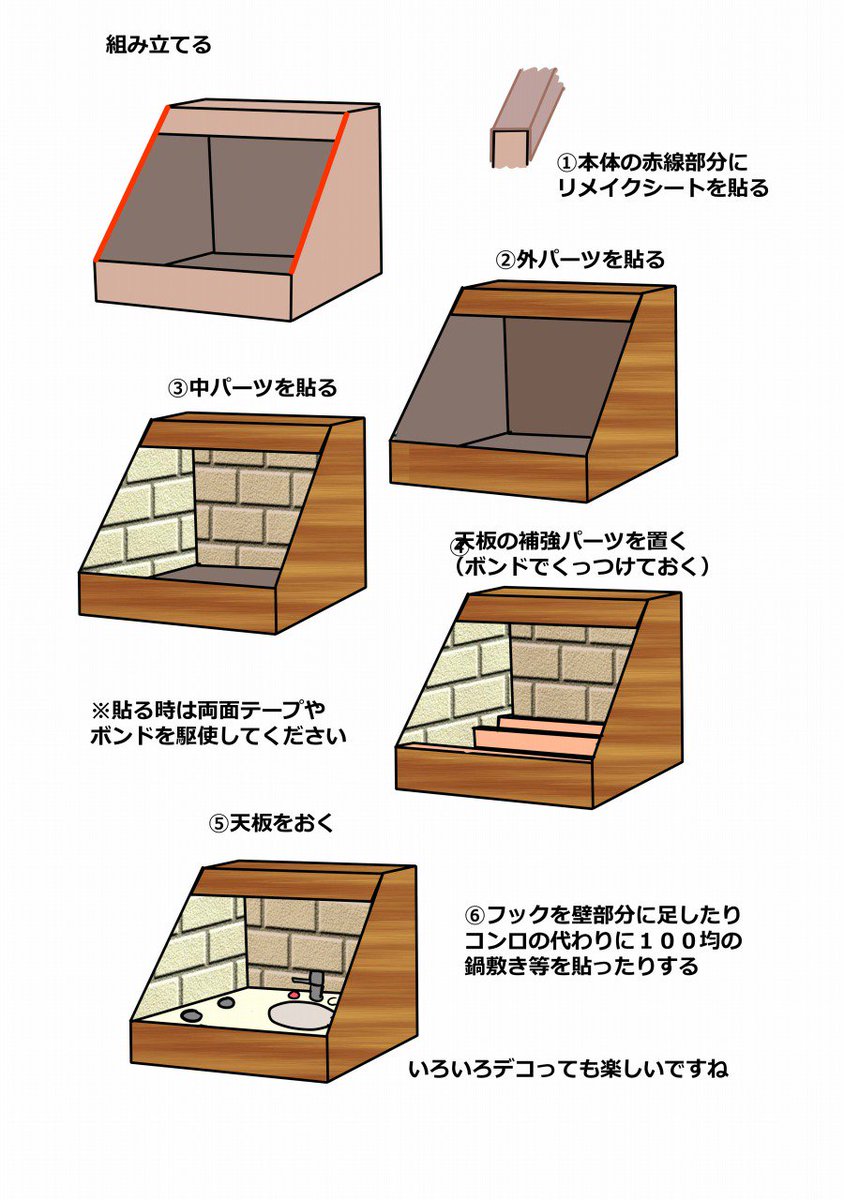 ひいちゃん 段ボール箱で作ったままごとキッチン の写真 沢山見てくださってありがとうございました 簡単にではありますが 作ってみてこうすれば簡単にきれいに作れるかな という作り方を描いてみたので 作ってみたいなという方にとって少しでも参考