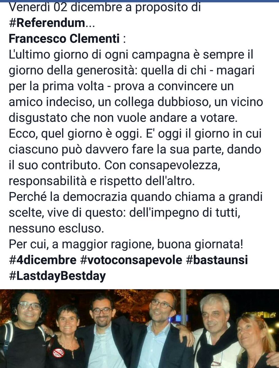 RaffaelePizzati's tweet image. Venerdì 02 dicembre A proposito di#referendum @ClementiF dice... #bastaunSi @bobogiac @ELiberati @emacoscia @CiniPatrizia #raf #iovotosi ✌✌