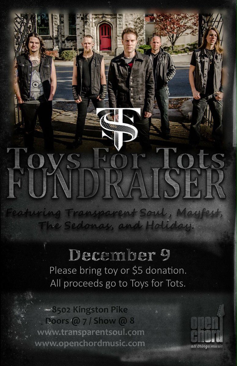 TranSoulBand's tweet photo. #Knoxville, this event is for you to help make a difference! #ToysforTots #Christmas #rockmusic #knoxrocks #saludacymbals #aheaddrumsticks https://t.co/HvbCsGnqBL