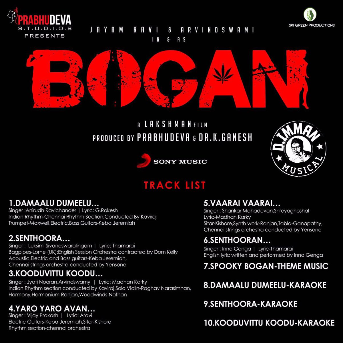 cloudtalkies's tweet photo. #Ilampuyal #JayamRavi - #ArvindSwami's #Bogan Tracklist! @actor_jayamravi @ihansika @dirlakshman @thearvindswami @immancomposer #BoganAudio https://t.co/OSxWu6dIeq