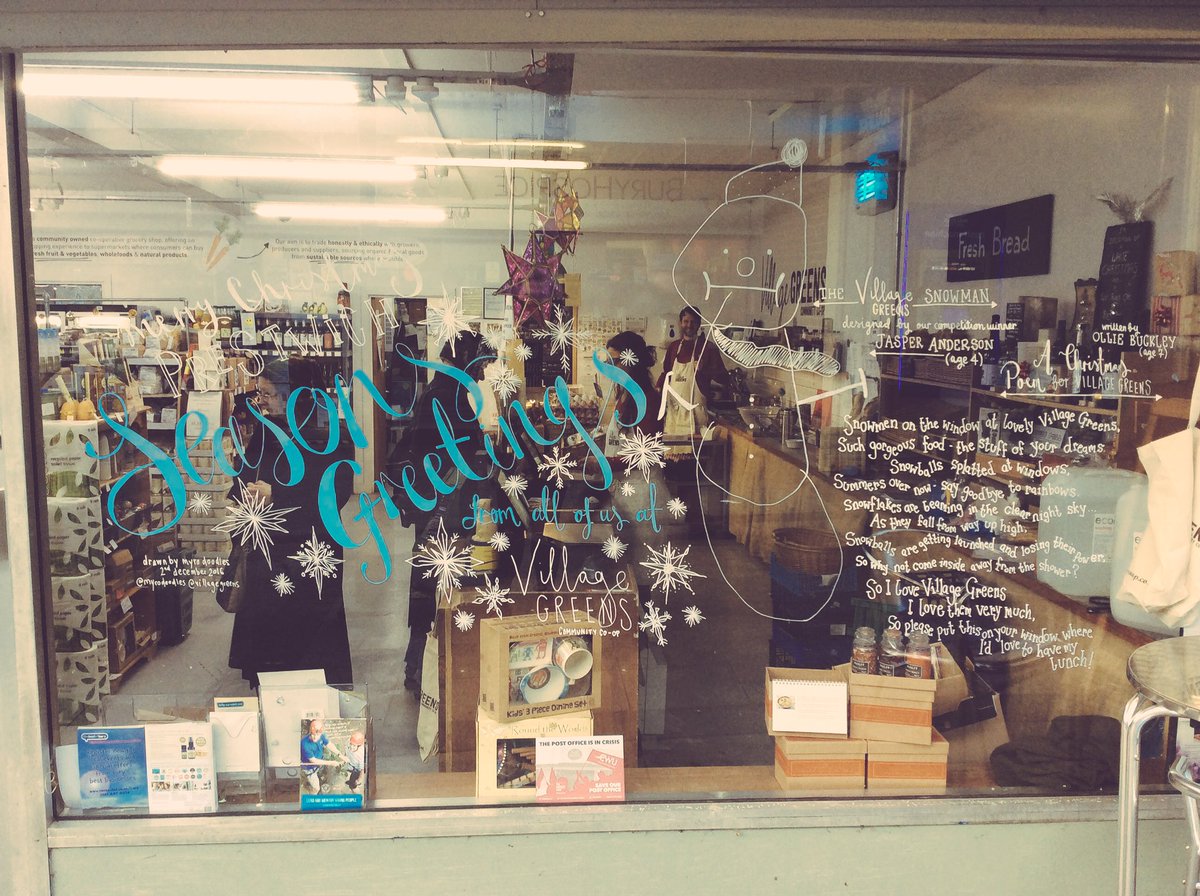 VillageGreensPr's tweet image. Christmas window art by @MyroDoodles featuring a snowman &amp;amp; poem by our competition winners Jasper (4) and Ollie (7) 🎄❄️ #prestwich