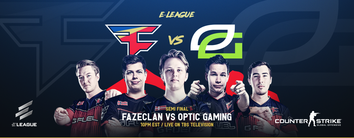 FaZeClan's tweet image. TONIGHT, on @TBSNetwork national television:

FaZe vs OpTic. @EL's Counter Strike Semi-Final. Winner guarantees $140,000.

Watch it. #FaZeUp