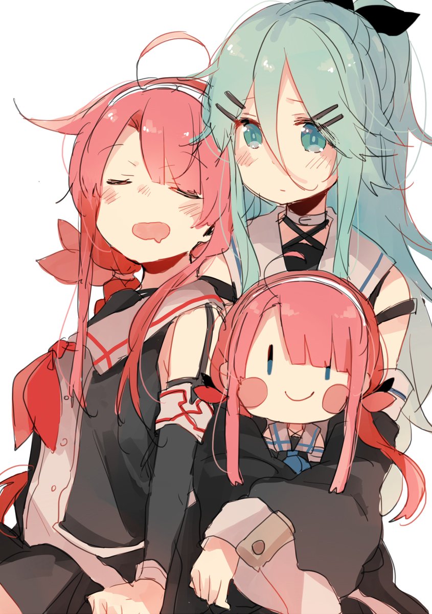 kawakaze (kancolle) ,yamakaze (kancolle) multiple girls 2girls long hair green hair detached sleeves character doll red hair  illustration images