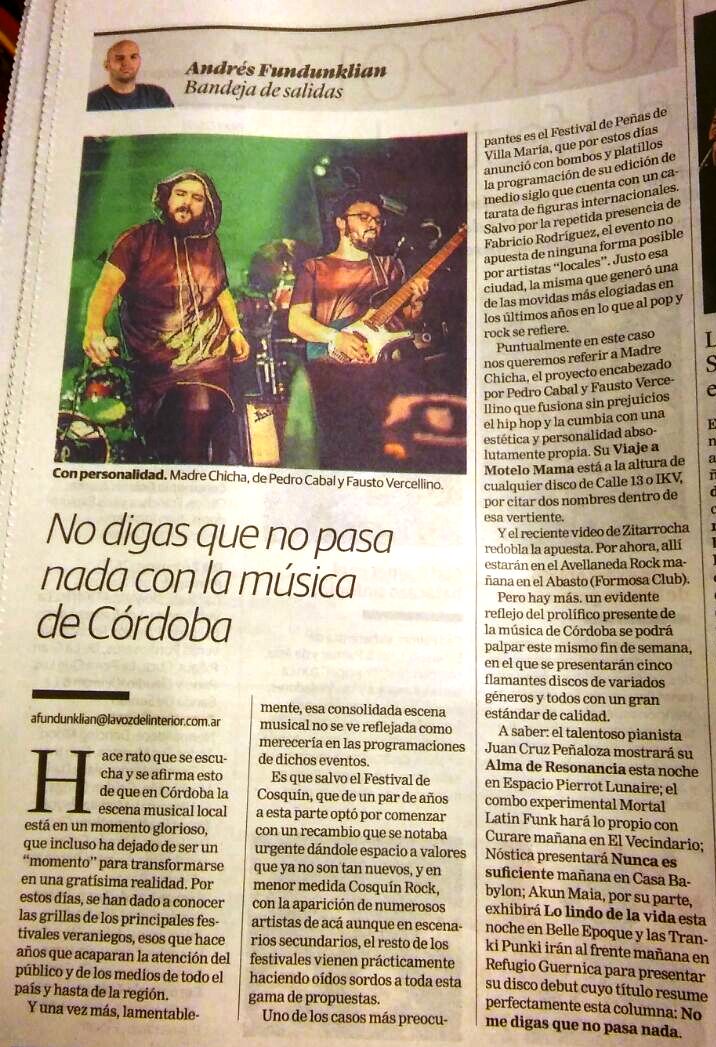 [Notas] Pasan cosas x todas partes como, por ej., q los <a href="/MotherChicha/">Madre Chicha</a> detonen el #AvellanedaRock, mañana, en #FormosaClub! @VOScomar de hoy!