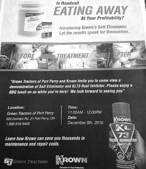 GreenTractorsJD's tweet image. GT Port Perry &amp;amp; @KrownRust invite you to a demo of their NEW Salt Eliminator &amp;amp; KL73 Rust Inhibitor &amp;amp; enjoy a FREE BBQ LUNCH RSVP 9059859701