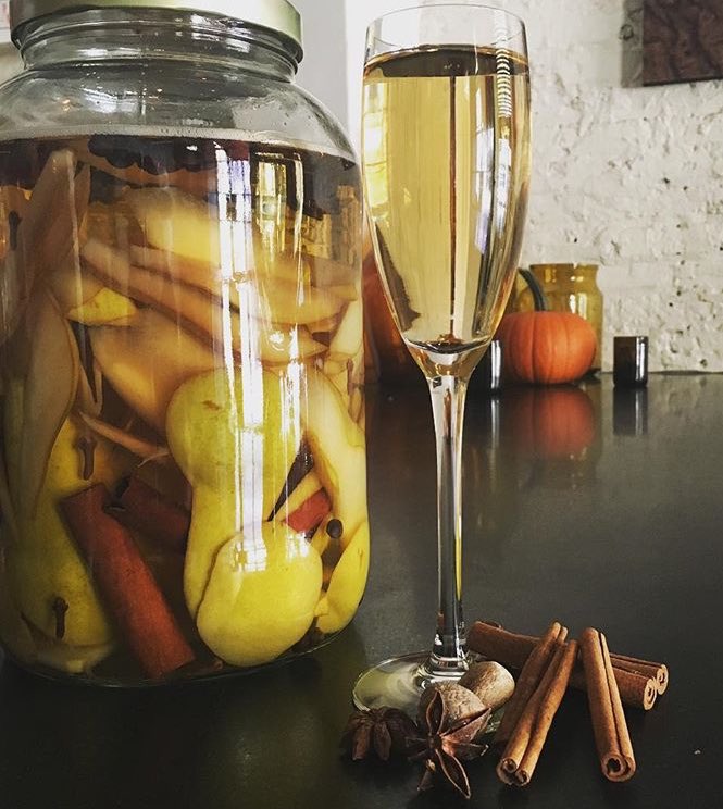 Pear-infused Belvedere vodka, pear cognac, elderflower liqueur and Prosecco #holidaycocktails #imbibe