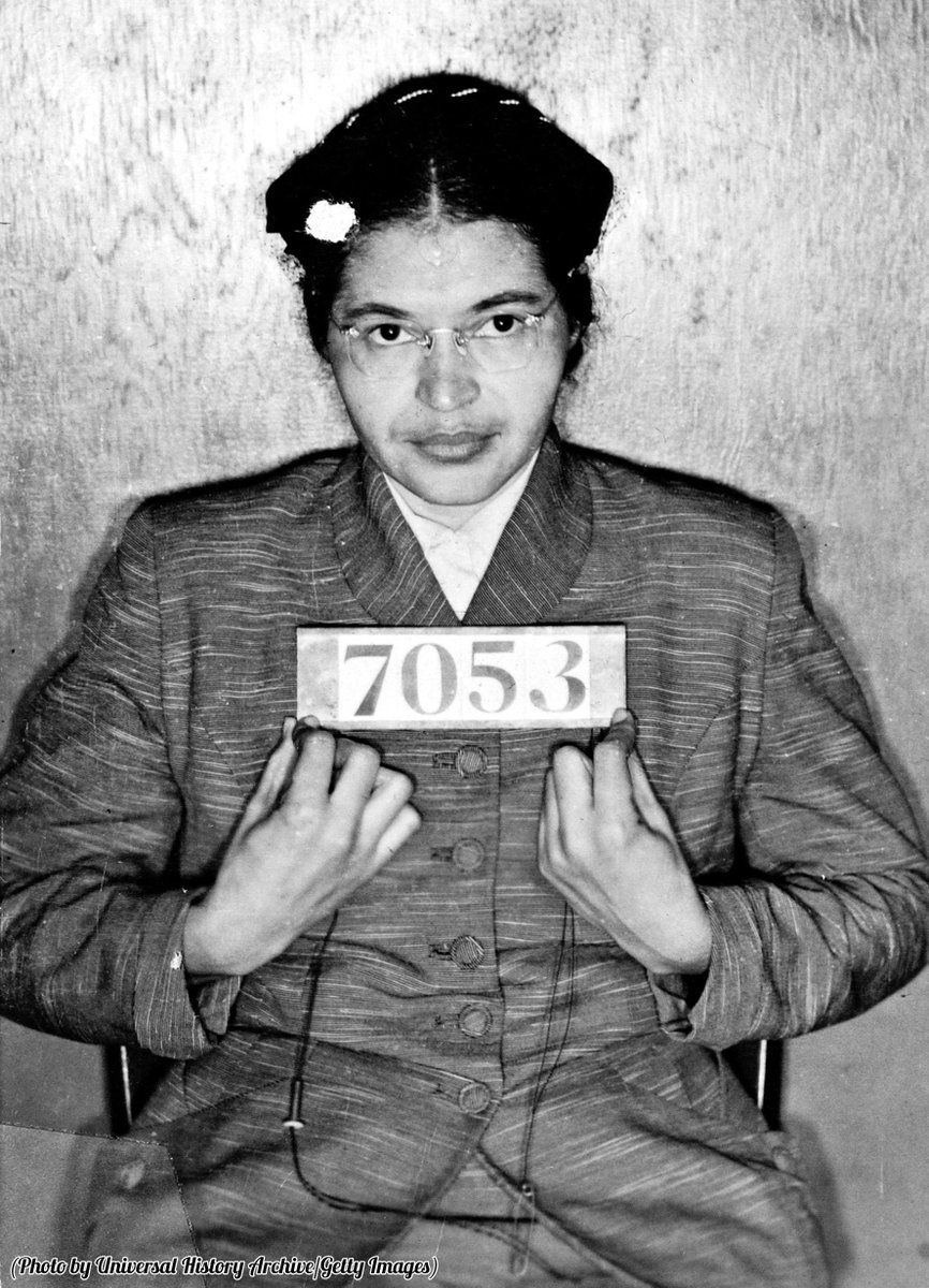 HistoryInPics's tweet photo. Rosa Parks' booking photo taken at the time of her arrest for refusing to give up her seat on a bus to a white passenger, Dec. 1 1955. https://t.co/f51MGYpHdx