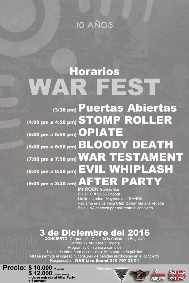 WARcompany's tweet photo. Definitivamente #EstoSeVaADescontrolar tenemos el horario del WAR FEST.
AÚN HAY MUCHO MAS! #warfest  #Conciertobogota #Warstudio https://t.co/5LB92QHndH