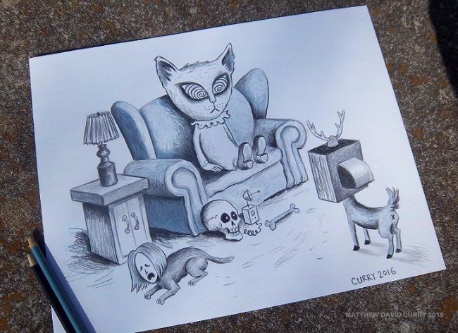 "An Evening of TV" 11 x 15" colored pencil by Matthew David Curry @Curry_in_a_box artofday.com/wordpress/?p=7… #TwitterFirstFriday #cats #drawing