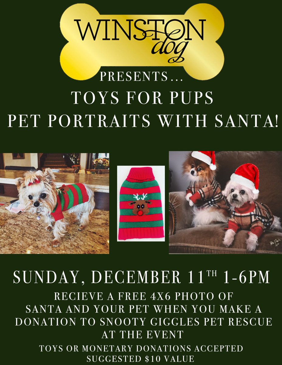 winstoninfo's tweet photo. TOYS FOR PUPS is our in-store event on Dec. 11th from 1-6! Donate a toy or some $$ and get your pup a pic w/ Santa himself!! https://t.co/py60xdnQzI