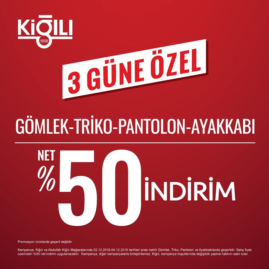 Mega Center AVM  Kiğılı'da yalnızca bu hafta sonu geçerli; Gömlek, Triko, Pantolon ve Ayakkabılarda net %50 indirim..
