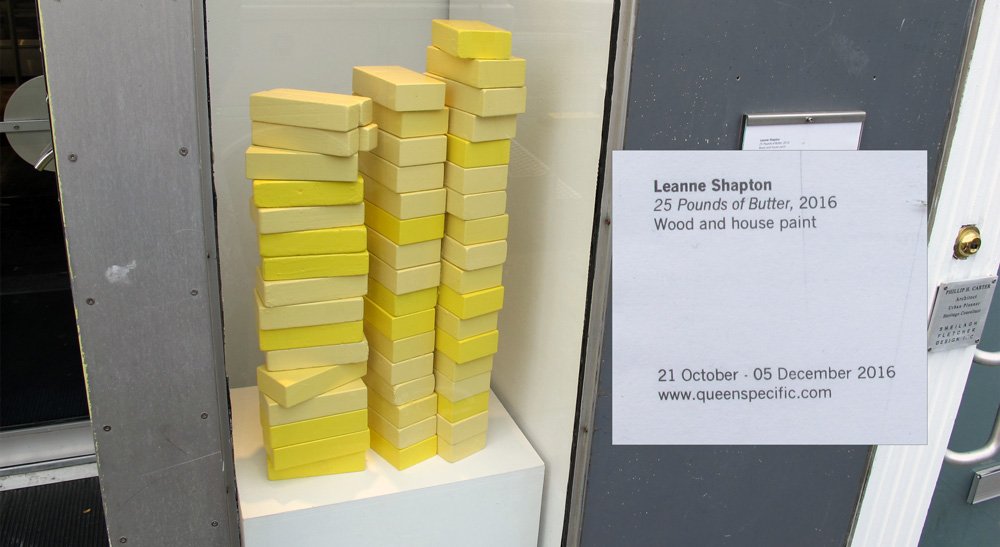 tourdedufflet's tweet photo. For those asking, that's not ~real~ butter, it's art butter in our #QueenSpecific window. (artist Leanne Shapton) https://t.co/2b7imV7wtG