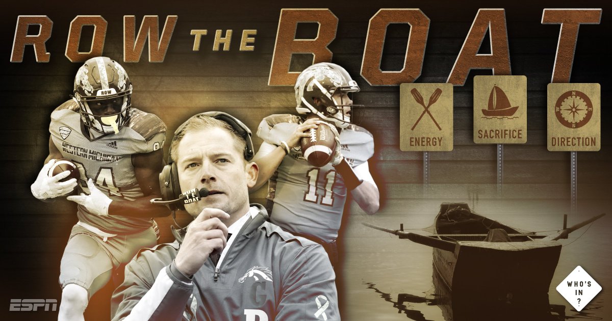 ESPNCFB's tweet photo. ROW THE BOAT. 

Western Michigan plays for perfection in the MAC Championship tonight at 7 ET on ESPN2. https://t.co/oAmcVm355B