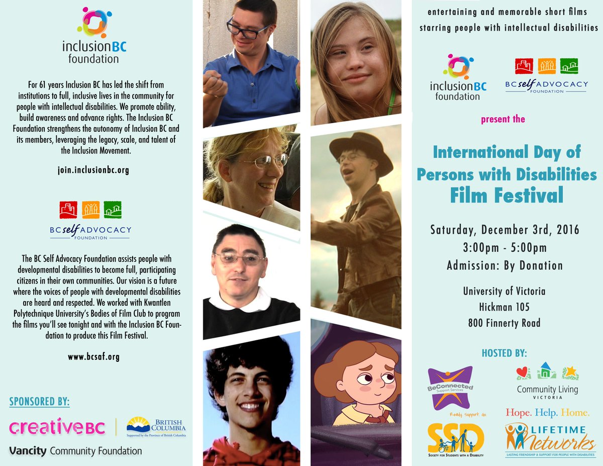 BeconSupport's tweet photo. International Day of Persons w/ Disabilities Film Fest TOMORROW at #UVIC #Free #YYJ @BeconSupport @uvic @LNVic @Vancity @clbc_connect https://t.co/0jLzcHQlpD