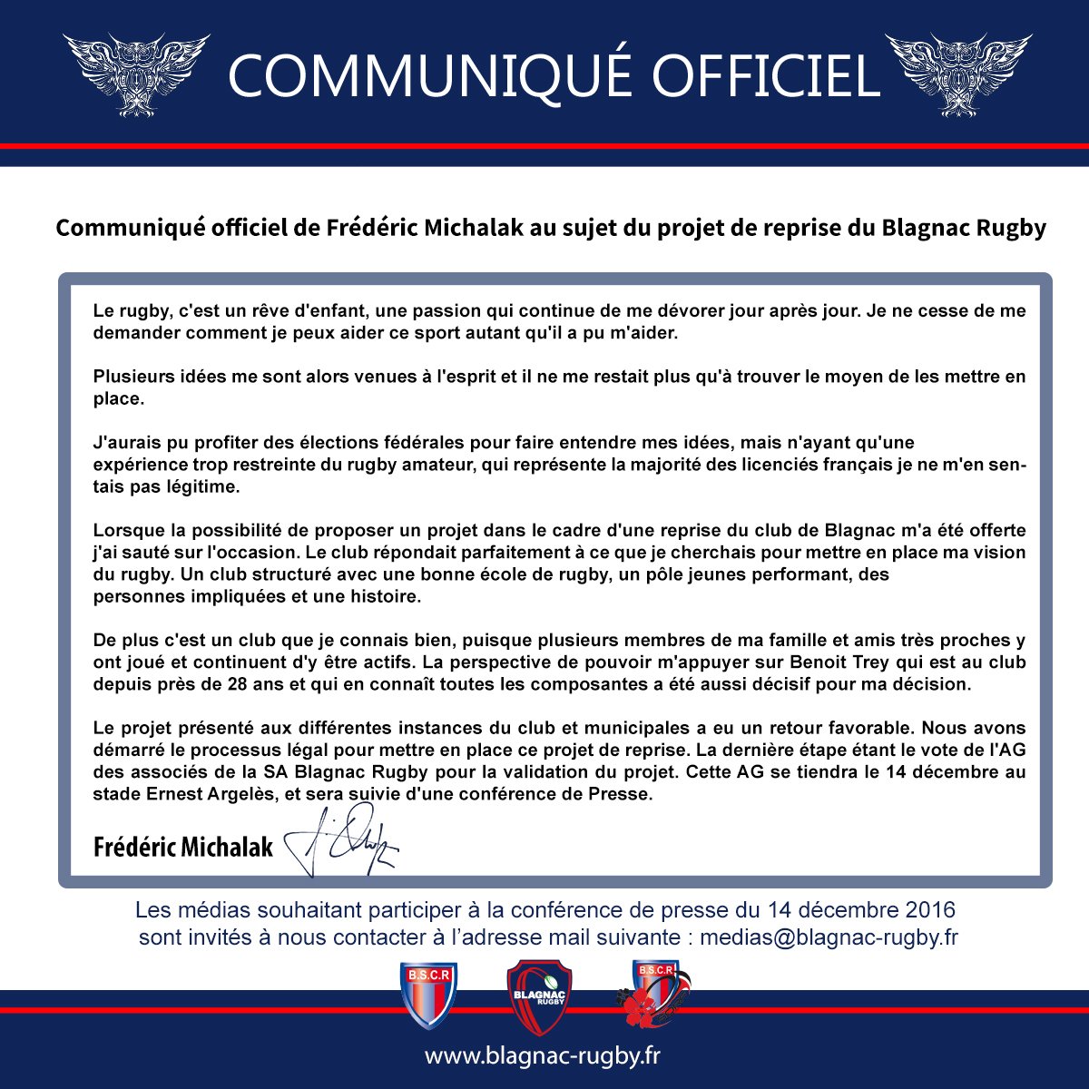 BlagnacRugby's tweet photo. [OFFICIEL] Communiqué de @michalakfred au sujet de son projet de reprise du @BlagnacRugby. https://t.co/yh8QLsdJo2