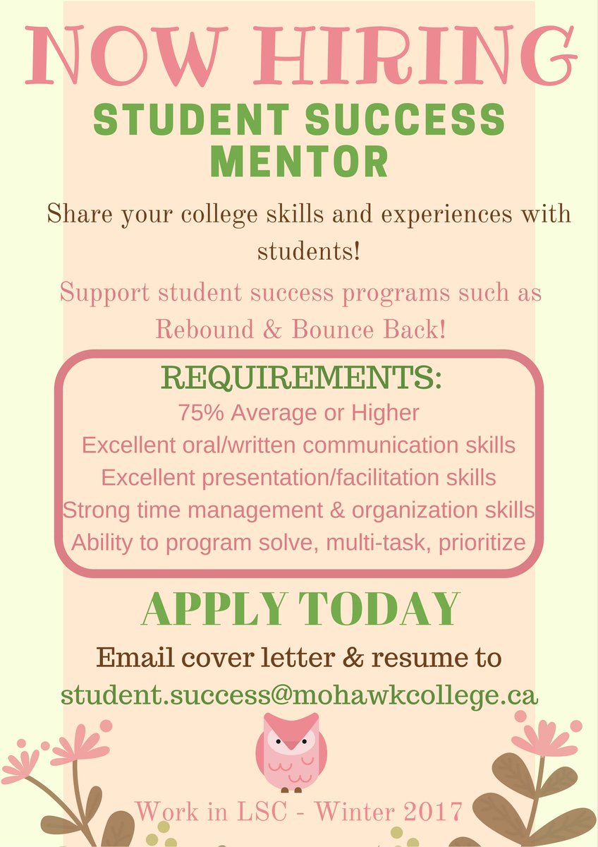 MohawkLSC's tweet photo. Another great opportunity on campus - apply today! π | Send your resume and CL to student.success@mohawkcollege.ca | #MohawkLead #Mentor https://t.co/9bych2Psml