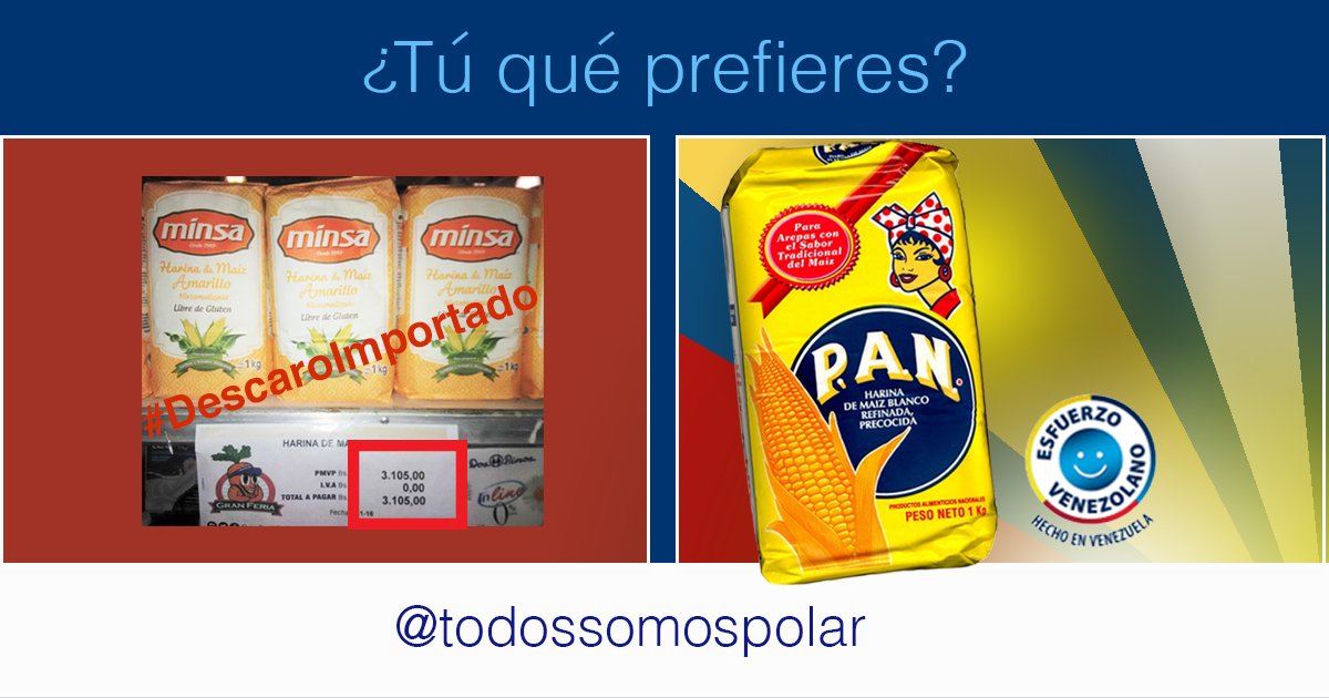 todossomospolar's tweet photo. ¿Quién quiere preparar arepas con harina extranjera y cara? ¡RT si prefieres la harina nacional!  #DescaroImportado https://t.co/UdFzQyV8s0