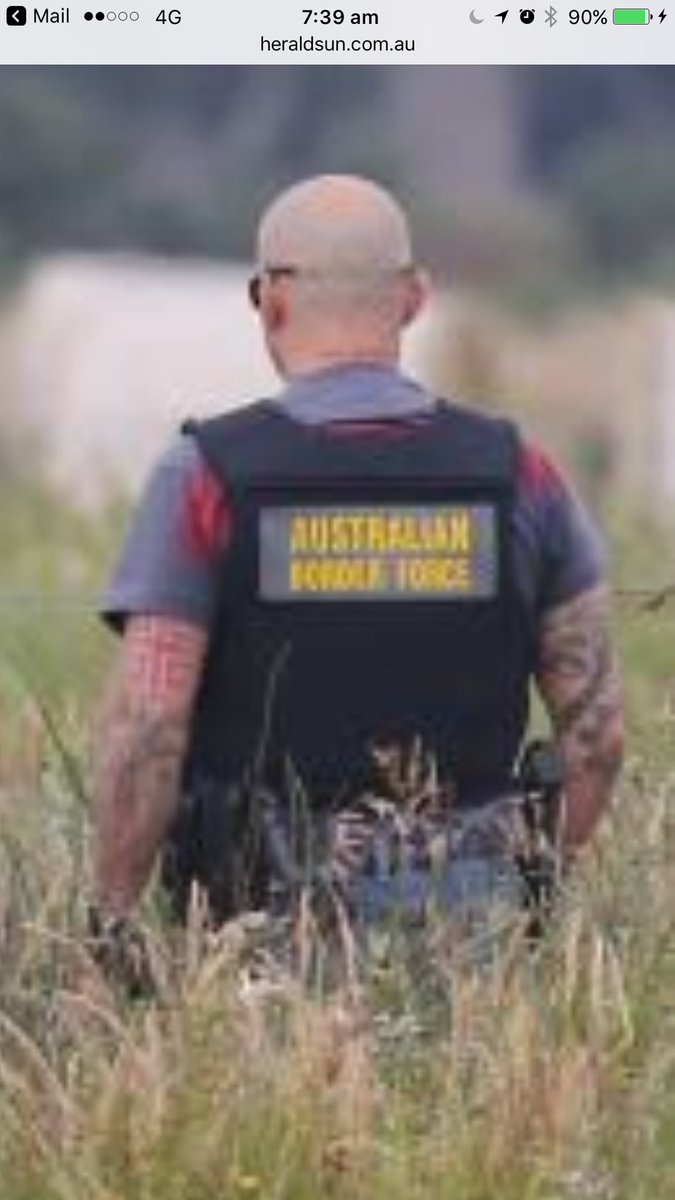 DaveLovesMovies's tweet photo. #AusBorderForce Officer made to terrify with shaved head, sunglasses, ink and pistol. You take the farm owner in as well? #ThugsWithBadges https://t.co/RV1TmoY0mv