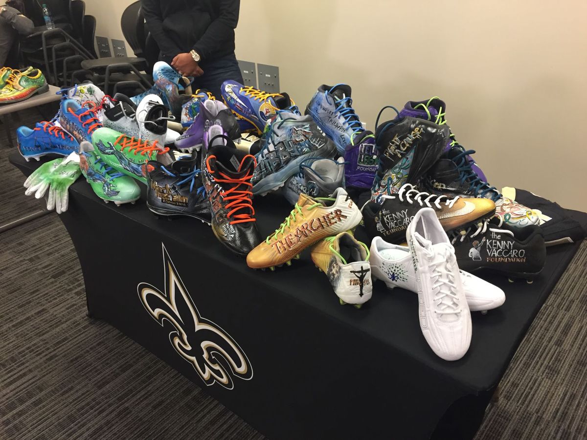 theadvocateno's tweet photo. Saints turn to local artist @Pappionartistry to add New Orleans flair to NFL's Cleats for a Cause https://t.co/keQr9u0LgG https://t.co/6BVVy5yn3X