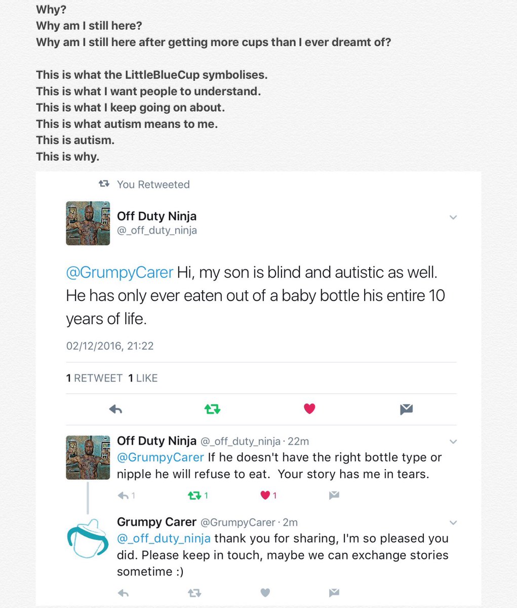 OrigGrumpyDad's tweet photo. Why?
This is why.
This stuff matters.
Thank you all for sharing my story and helping others.
#autism #AutismRealities #LittleBlueCup https://t.co/456m5NnnKJ