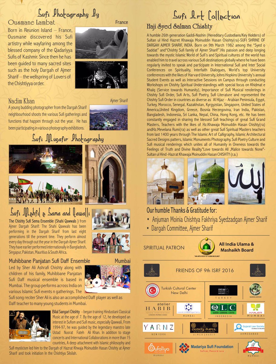 sufimusafir's tweet photo. 9th International Sufi Rang Festival2016 at Dargah AjmerSharif starts from 5th Dec-11th Dec. #ISRF2016 #Sufi #Ajmer
https://t.co/5s1W8R2vaR https://t.co/unRqXzpGxw