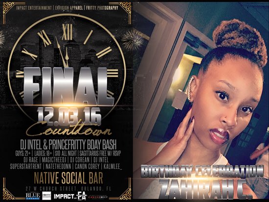iMpactEnt2015's tweet photo. #FinalCountdownUCF
$5 Henny til 11:30 | $10 Entry
@DjIntel_TS & @PRINCEFRITTY Bday | @zahirahnia gone be in VIP lit with us #SagNation https://t.co/dSCaYfWS50