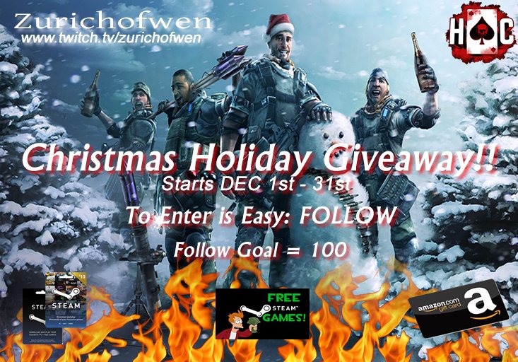 Zurichofwen's tweet photo. Giveaway DEC 1-31 #CGN #HoCRT
Follow https://t.co/mgC5ldNDJn
•$10 Steam Card Qty 2
•$15 Amazon Gift Card Qty 1
•Mystery Steam game Qty 2 https://t.co/reAdb4UJSh
