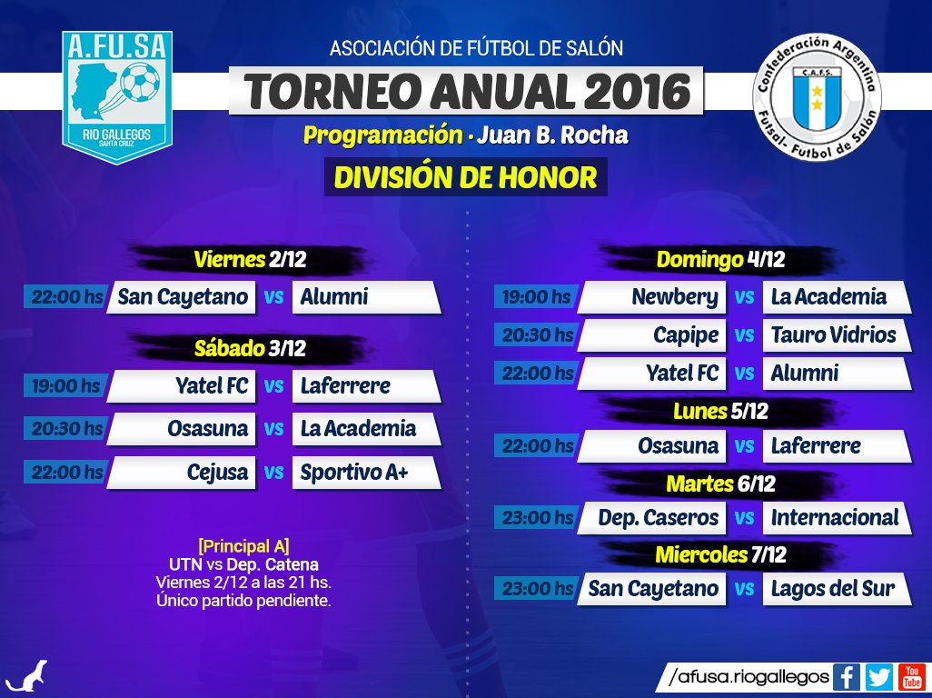 AfusaRG's tweet photo. #DivisiónDeHonor PROGRAMACION
Se juegan las últimas fechas de la máxima categoría y arranca el octogonal.
Todo en el gimnasio Juan B. Rocha. https://t.co/A6Fc71UpI0