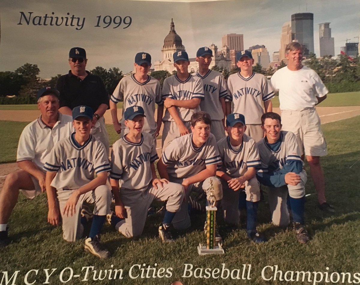 BrianKirkWX's tweet photo. Here's a gem.  Cleaning out some things and here's a picture of the Twin Cities' 8th Grade Baseball Champions.  Which one is me?  #nineguys https://t.co/glcoCv3WS4