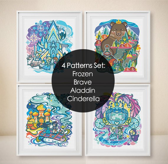 Frozen  + Merida Brave + Aladdin + Cinderella - Modern Cr… tuppu.net/4a5c3a77 #japanesepattern #KidsCrossStitch